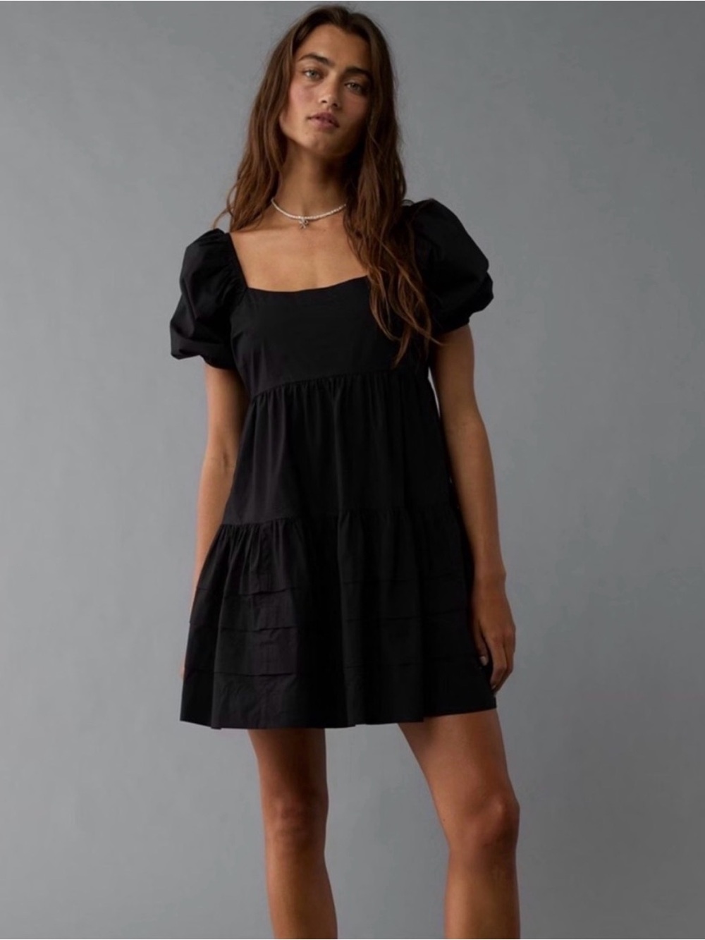 American Eagle Puff Sleeve Babydoll Mini Dress Black Coquette Tiered Fall